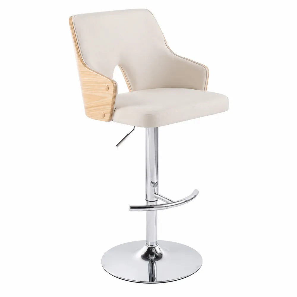Sgabello da bar in tessuto beige e legno con struttura cromata