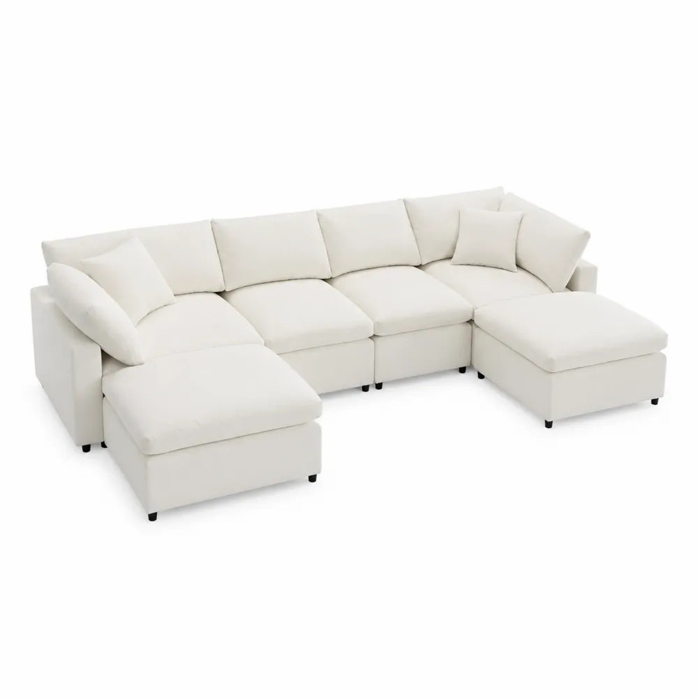 Divano modulare in tessuto crema con chaise longue