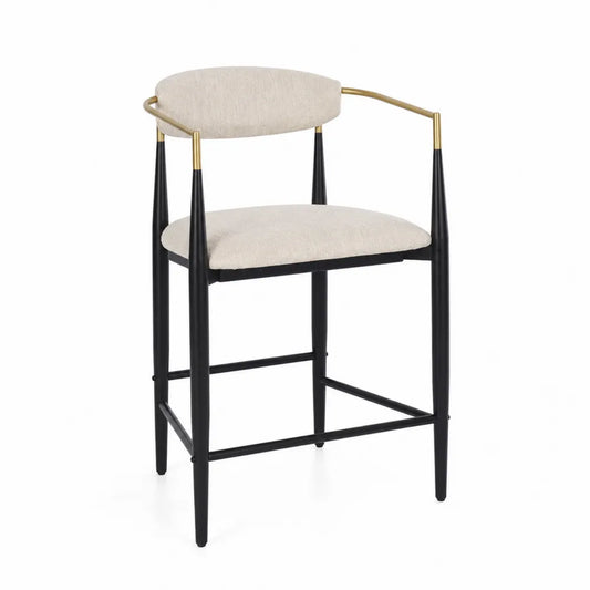 Sgabello da Bar con Braccioli Metallo e Tessuto Nero Beige