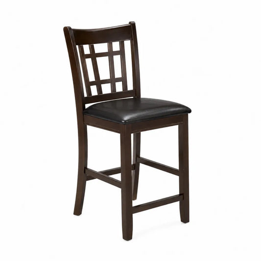 Sgabello in legno marrone con seduta in pelle nera