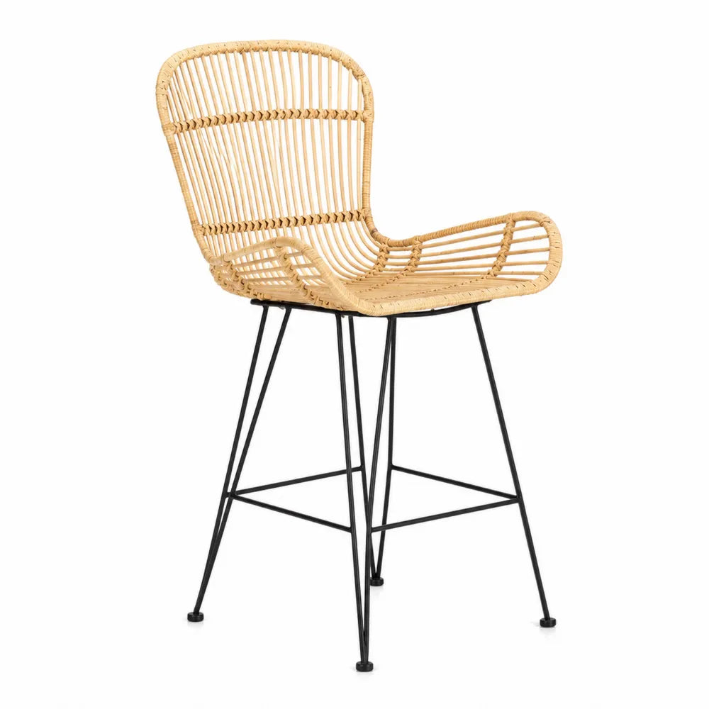 Sgabello in Rattan con Struttura in Metallo Nero