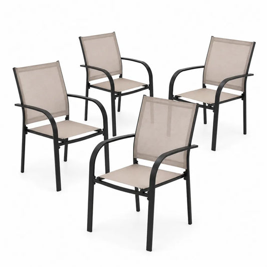 Set di 4 Sedie da Esterno in Metallo e Tessuto Beige