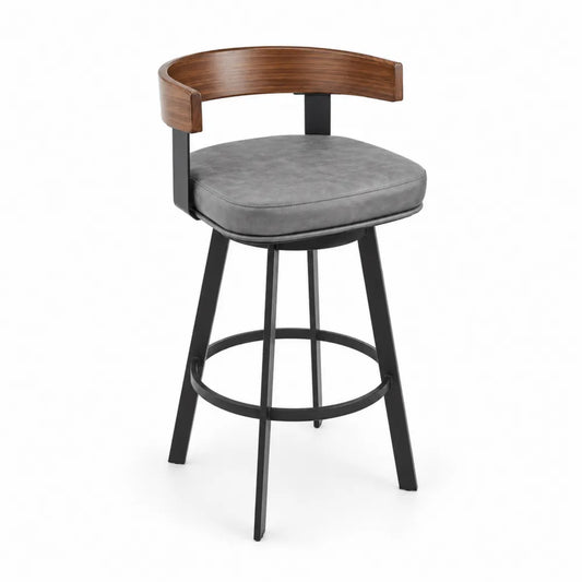 Sgabello da bar in tessuto grigio con schienale in legno curvato e struttura in metallo