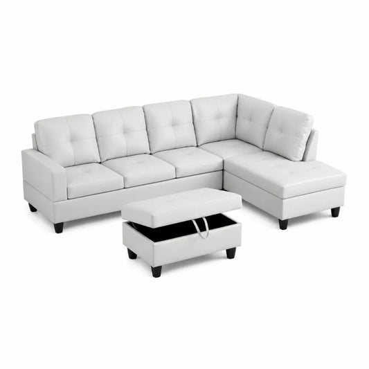 Divano angolare in pelle sintetica bianca con pouf e contenitore