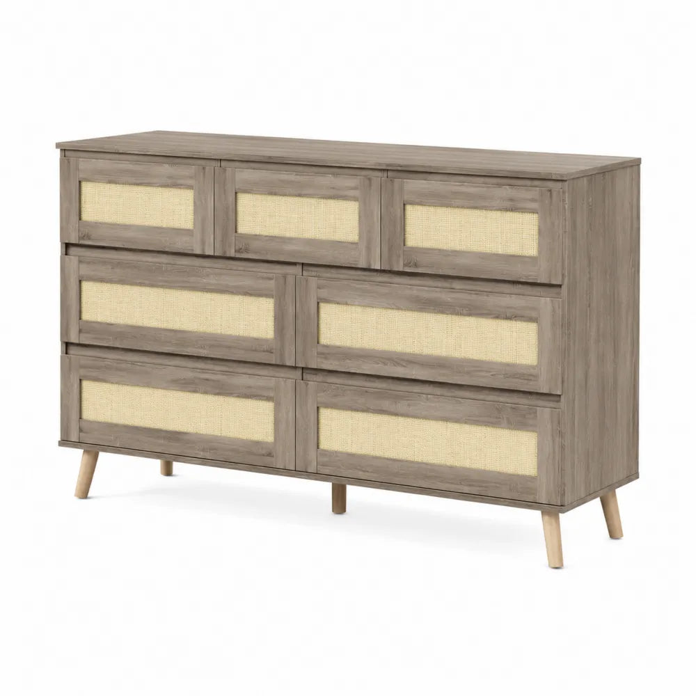 Cassettiera in Legno e Rattan con 7 Cassetti