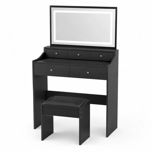 Toeletta con Specchio a LED e Sgabello in Legno Nero