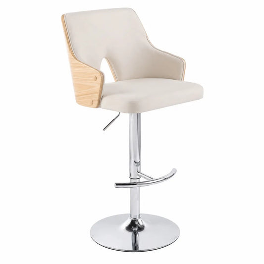 Sgabello da bar in tessuto beige e legno con struttura cromata