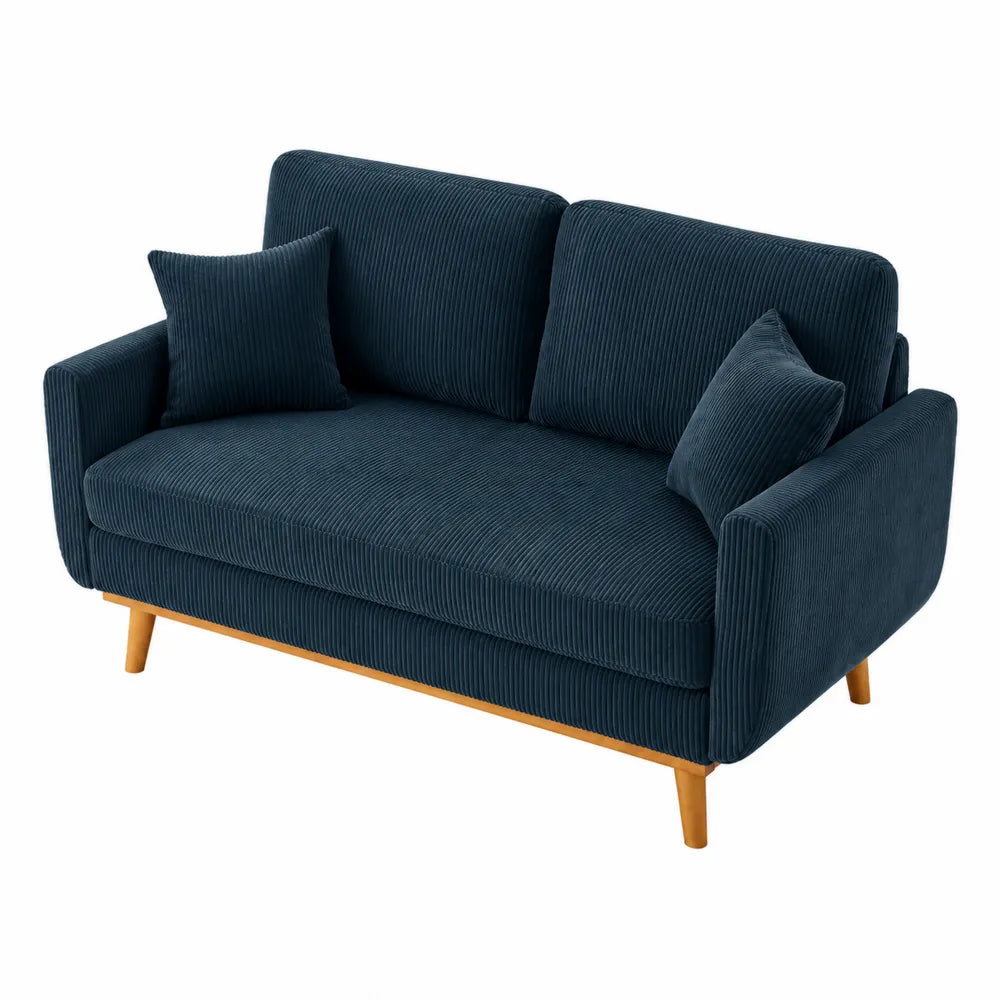 Divano a 2 posti in tessuto blu con gambe in legno
